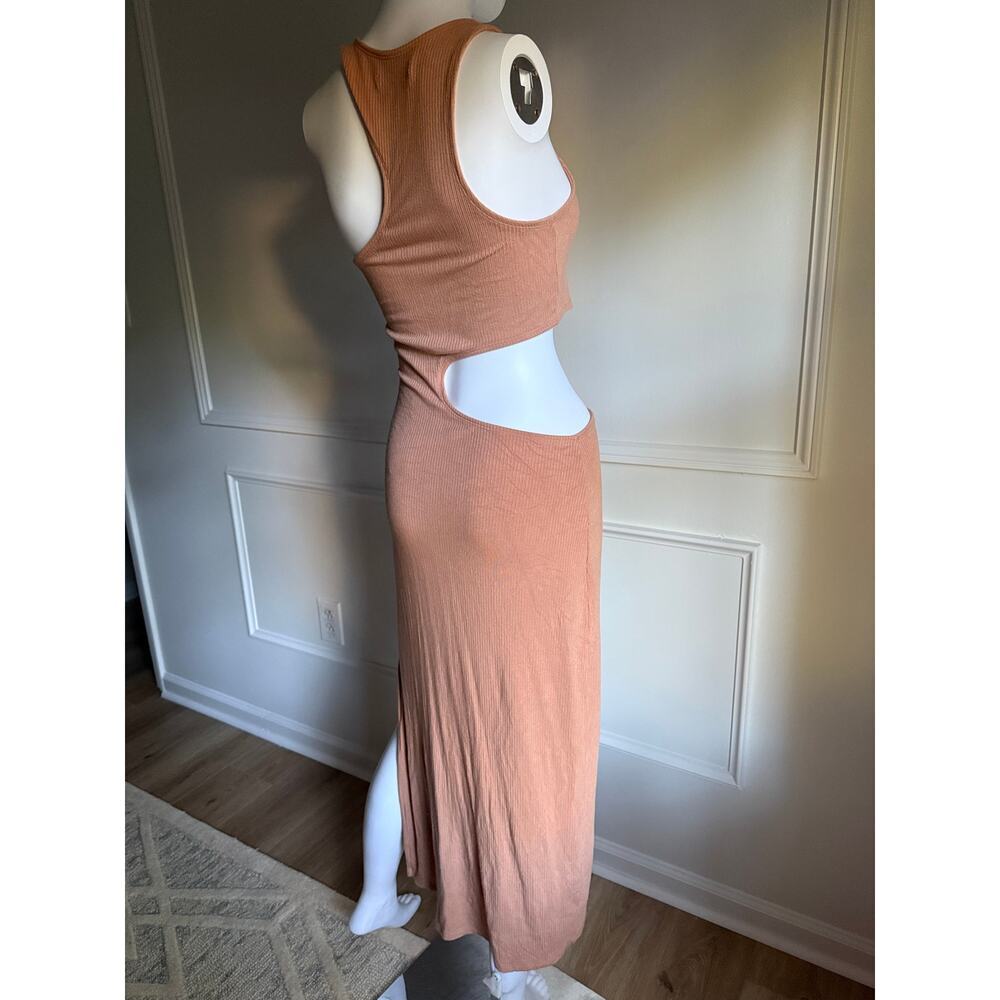 Abercrombie Fitch Asymmetrical Cutout Ribbed Midi Dress Tan Beige Nude Summer S - Picture 2 of 6